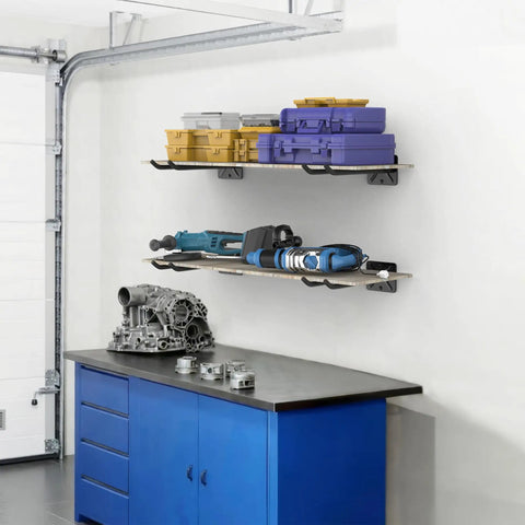 Heavyweight Garage Storage Hooks Built Like Tanks Featuring Scratch Resistant Rubber Sleeves For Rust Free Workshop Wall Tool Organization And Shop Rig Setup with tools and storage bins on shelves.