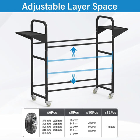 Ultimate Garage Game Changer Heavy Duty Tire Storage Rack with adjustable layer space to organize up to four wheels.