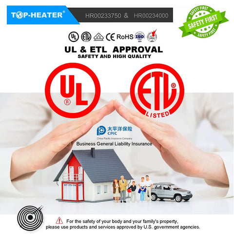 UL and ETL approved with hands shielding a model house and family, showcasing product safety certifications.