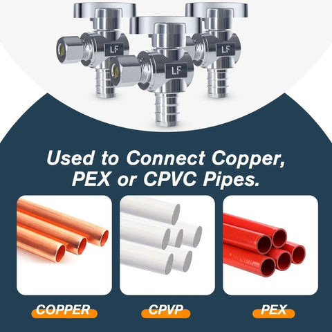 Three valves from Angle Stop Valve Set Ten Pack One Half Inch Pex To Three Eighths Inch OD Compression Easy Install Quarter Turn Water Shut Off Valves With Clamp Rings Lead Free Solid Brass For Copper Pex CPVC Piping shown with copper, CPVC, and PEX pipes.