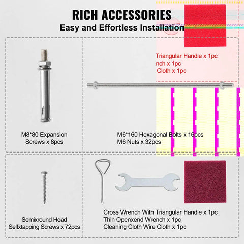 Rich accessories set including expansion screws, hexagonal bolts, nuts, screwdriver, wrench, cloth, for easy installation.