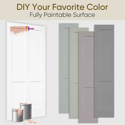 Top Shelf Two Panel Bifold Barn Door In Crisp White Primer Coating Measuring 36 By 84 Inches with paint cans.