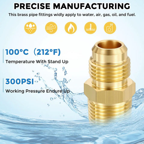 One Half Inch NPT To Three Eighth Inch Male Flare Brass Hex Nipples Hose Connectors No Sweat Durable Solid Brass Pipe Adapters