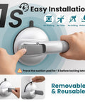 Rock Solid Shower Grab Bars With Grippy Suction Handles No Drill Bathroom Safety Rails Hold Up To 330 Lbs Upgraded Senior Assist Silver Two Pack Easy Install close-up of suction handle installation process.