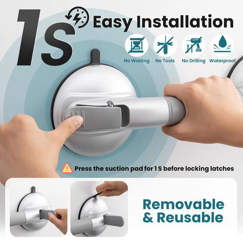 Rock Solid Shower Grab Bars With Grippy Suction Handles No Drill Bathroom Safety Rails Hold Up To 330 Lbs Upgraded Senior Assist Silver Two Pack Easy Install close-up of suction handle installation process.