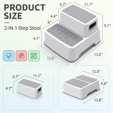 Rock Solid Toddler Step Stool For Bathroom Sink With Super Grippy Non Slip Base And Double Layer Platform giving size dimensions in gray.