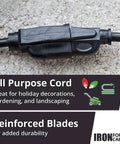 Close-up of the 100 Ft Heavy Duty Extension Cord Black 14 Gauge SJTW Outdoor Power Cable Unfolds A Snap for power tools.