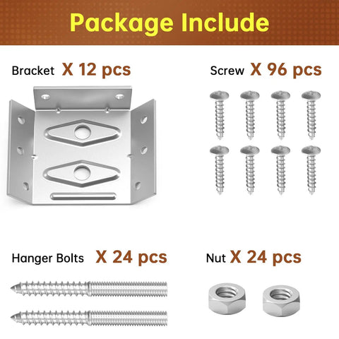 Solid As A Rock 12 Piece Surface Mount Corner Brackets package showing 12 brackets, 96 screws, 24 hanger bolts, and 24 nuts.