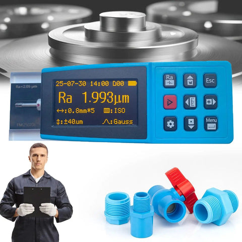 Handheld Portable Surface Roughness Tester And High-Precision Digital Profilometer For Pro-Grade, On-The-Go Multi-Parameter Profiling With Ra Rz Rq Rt Ry Rp Rv Rmax RSk RSm Rmr Ra 0.025-12.5 Micron Perfect For Metal Plastic Wood Finishes Fast displayed with digital screen and accessories.