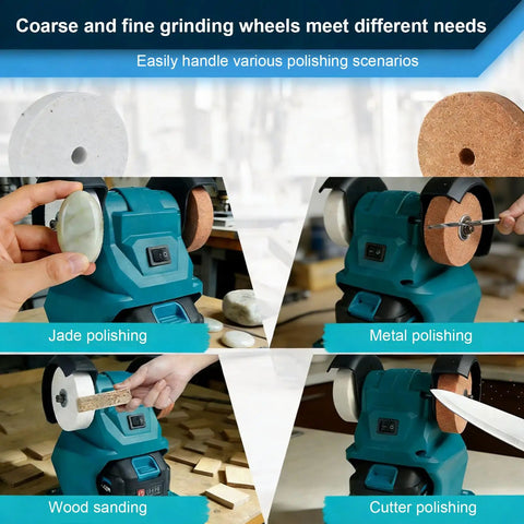No Drama Heavy Duty Bench Grinder With Permanent Magnet Motor Spinning At 5500RPM And 70mm Grinding Wheels for jade, metal, wood, and cutter polishing.