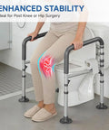 Premium Heavy Duty Steel Toilet Safety Rail For Seniors Bulletproof Bathroom Support Bar With Unshakable Grip Hella Tough Assist Handle For Elderly And Mobility Impaired Adults used beside a toilet for safety.