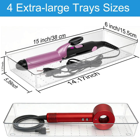 4 Pack 15x6 Inch Extra Large Clear Plastic Drawer Organizer Trays with hair tools, shown with measuring dimensions