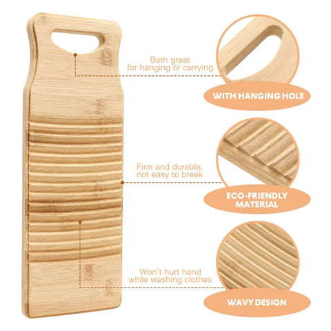 No Sweat Bamboo Washboard For Hand Washing Clothes With Non Slip Base and Deep Grooves, showing eco-friendly bamboo material and hanging hole.