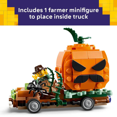 Jack O Lantern Pumpkin Pickup Truck Building Set For Kids Super Cool Halloween Build With Farmer Minifigure Sweet Plastic Bricks, 177 pieces with spider.