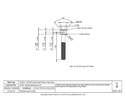 1/4-20 X 1-1/2 Inch UNC Socket Head Titanium Cap Screw dimensions and specifications diagram.
