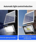 Heavy Duty Solar Led Flood Light With Remote Control delivers automatic lighting control, solar panel on wall, bright LED glow.