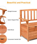 Outdoor Wood Storage Bench With Seating And Armrests Large Deck Box For Garden Patio Porch Backyard Poolside Waterproof Weatherproof Organizer Loveseat Natural Finish Dual Purpose Bench With Hidden Storage detail view