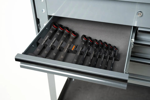 Basics Wrench Organizer Kit With 16 Rubber Holders For Tool Drawer shown in open drawer, neatly arranged wrenches in modular layout.