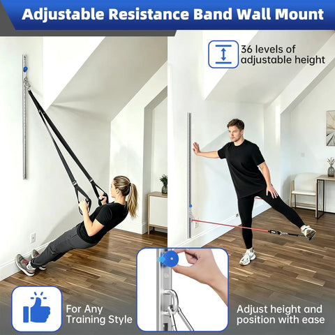 Built Tough Adjustable Resistance Band Wall Anchor Mount System with user demonstrating height adjustment and resistance bands.