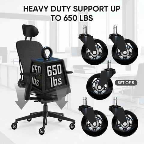 Top Shelf Replacement Office Chair Wheels Universal 3 Inch Heavy Duty Caster Tires With Floor Savvy Non Marking Polyurethane Rollers, support 650 lbs, set of 5.