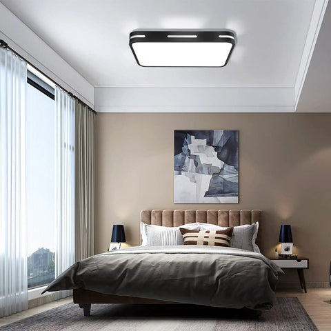 Bedroom with Dimmable LED Ceiling Light Fixture With Remote Control, Dope Flush Mount Ceiling Lamp, Black Frame 16.9x12.6 inches