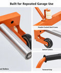 Close-up of Heavy Duty Tire Dolly Cart With Comfy Handle To Haul Hella Heavy Rims Up To 350 Pounds, featuring steel rollers and swivel casters.