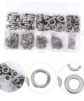 600 Piece Stainless Steel Spring Washers Kit Split Lock Gaskets For Vibration Dampening And Anti Loosening Hardware Assortment Perfect For Cars Trucks Buses Machinery And Marine Equipment In Tough Vibration Environments, assorted sizes in plastic case