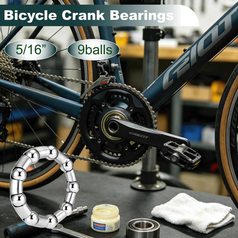 Premium Stainless Steel Bicycle Crank Ball Bearings And Retainer Set 5/16 Inch 9 Balls 4 Pack displayed with bicycle components.