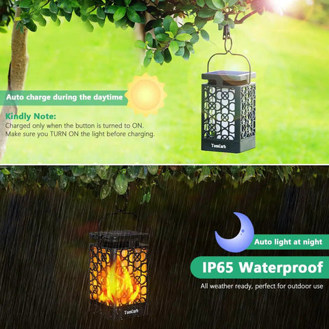 Upgraded Solar Lantern With Realistic Flickering Flame Outdoor Hanging Lantern Lights For Patio Garden Deck Yard Waterproof LED 4 Pack Solar Powered Ambience Lighting Hassle Free No Wiring Easy Setup, shown by day and night under tree