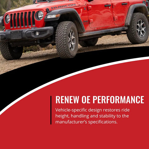 Top Shelf Front Right Strut And Coil Spring Assembly For Toyota Camry 3.0L V6 Slick Direct Fit Suspension Part Smooth Ride Restore No Sweat Bolt On Setup Replacement 1997 To 2001 in red Jeep Rubicon on rugged terrain.
