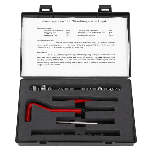 Pro Grade M7x1 Thread Repair Kit 25 Piece Stainless Steel Insert Set With Drill Tap Wrench Breaker And Hex Wrench For Aluminum Auto Parts And High Voltage Repairs open case with inserts and tools