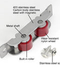 8 Piece Heavy Duty Push Pull Window Pulleys With Hardware For Smooth Sailing Double Wheel Sliding Door Rollers close-up of dual nylon rollers with stainless steel components.