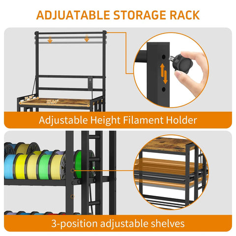 Adjustable storage rack for Heavy Duty 3D Printer Desk With Knockout Filament Storage Rack And Plug And Play Power Outlet.