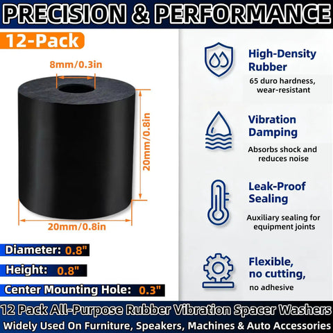 12 Pcs Round Rubber Spacers And Bushings 0.8 Inch OD 0.3 Inch ID 0.8 Inch Thick Washer Anti Vibration Damping Pads shown in detail.