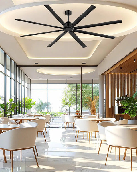 Ginormous 96-Inch HVLS Ceiling Fan with 8 Metal Blades installed in modern dining space, black finish, 18,000+ CFM for large areas.