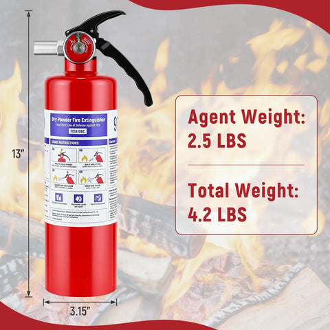 Compact ABC Dry Powder Fire Extinguisher 2 Pound UL Ansi 299 Certified with pressure gauge and usage instructions beside flames.