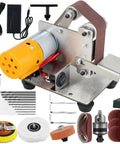 Compact Mini Belt Sander Pack A Punch With Quick Adjust Speed Dial multifunctional setup with motor, abrasive strips, and polishing pads.