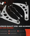 Complete 8-Piece Front End Suspension Rebuild Kit For BMW E46 Models Featuring Solid Lower Control Arms Sway Bar Links And Bushings, showcasing steel and aluminium components.