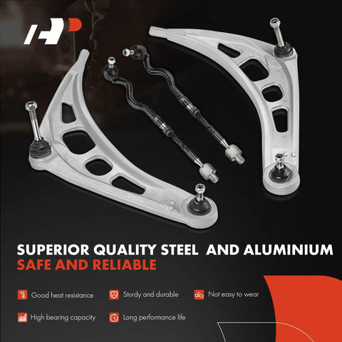 Complete 8-Piece Front End Suspension Rebuild Kit For BMW E46 Models Featuring Solid Lower Control Arms Sway Bar Links And Bushings, showcasing steel and aluminium components.