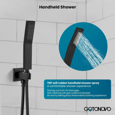 Top Shelf Matte Black Ceiling Mount Shower System With Rock Solid Brass Valve And Slick Handheld Sprayer Game Changing 12 Inch Ultra Thin Rain Head handheld shower spray with soft rubber design