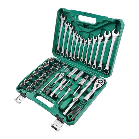 Grease Monkey Approved 61 Piece Socket Wrench Set Featuring Chrome Vanadium Steel Ratchet Tool Kit displayed in a green case.