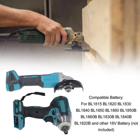 Pro Grade Brushless Angle Grinder And Cordless Impact Wrench Set showing a hand using the grinder on wood, detailed tools layout.