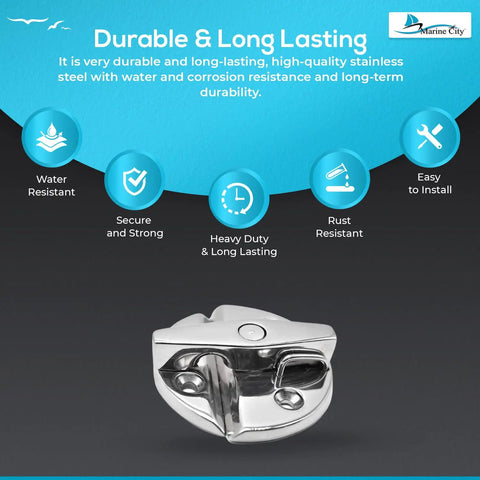 Top Tier 316 Marine Grade Stainless Steel Deck Hatch Latch featuring a solid grip twist lock catch for saltwater boats and yachts, showcasing water-resistant features.