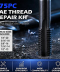 Top Shelf Sae Thread Repair Kit With Hss Drill Bits And Iron Tough Taps Includes Thread Inserts Installation Tools and Break Off Sets For Stripped Threads Hot Rod Builds And Metal Fabrication showing thread sizes on a black surface.