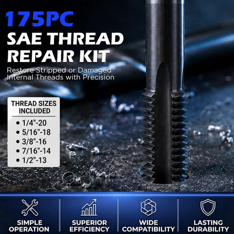 Top Shelf Sae Thread Repair Kit With Hss Drill Bits And Iron Tough Taps Includes Thread Inserts Installation Tools and Break Off Sets For Stripped Threads Hot Rod Builds And Metal Fabrication showing thread sizes on a black surface.