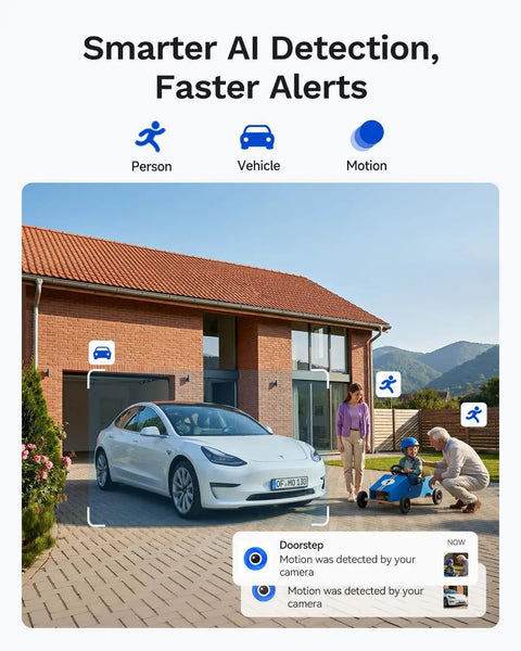 Solid Build 2K Dual Lens Outdoor Security Camera With Pan Tilt Control And Around The Clock Wireless Monitoring For Hella Secure Home Perimeter Coverage And Zero Hassle Setup showing AI detection of a white car and a family.