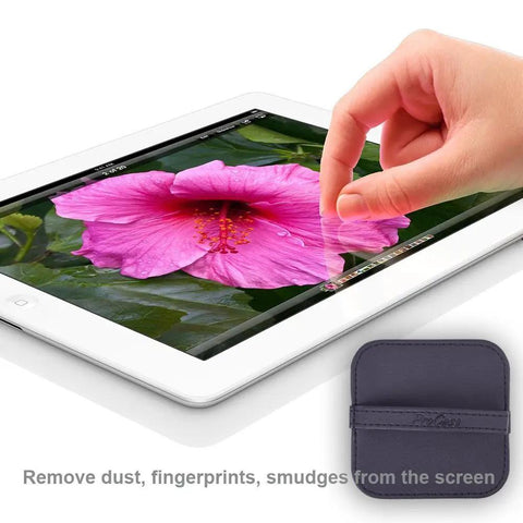4 Pack Elastic Strap Screen Cleaning Pads With Soft Cloth Wipes For All Screens Including iPad iPhone MacBook Tablet Laptop TV Camera Color Mixed Super Handy For Travel And Everyday Use shown cleaning a tablet screen.