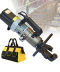 Heavy Duty Electric Rebar Cutter And Bender With 1800W Copper Motor, Hydraulic System Delivers Quick 130 Degree Turns, Handles Steel Up To 36Mm Without Breaking A Sweat, Dual Handle Grip Gets The Job Done Faster, Includes Compact Carry Pouch, with yellow carry pouch.