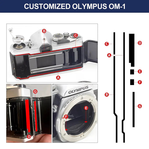 Customized Olympus OM-1 with Top Shelf Precision Cut Light Seal Foam Sponge Replacement Kit to prevent light leaks.