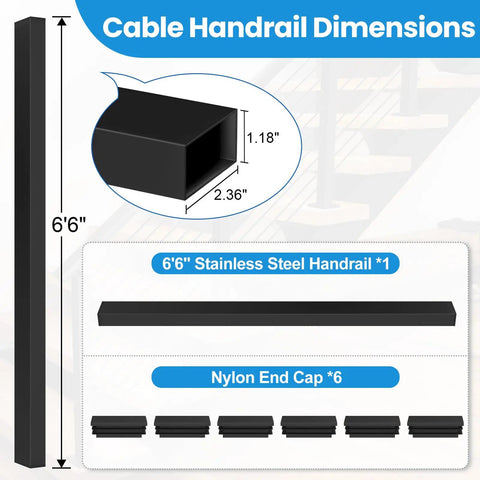 6 Ft Rectangular Cable Railing Handrail In Black Stainless Steel With Nylon End Caps For Stair And Deck Cable Railing Systems Premium 304 Stainless Steel For Tough Corrosion Resistance Weatherproof No Fuss Install